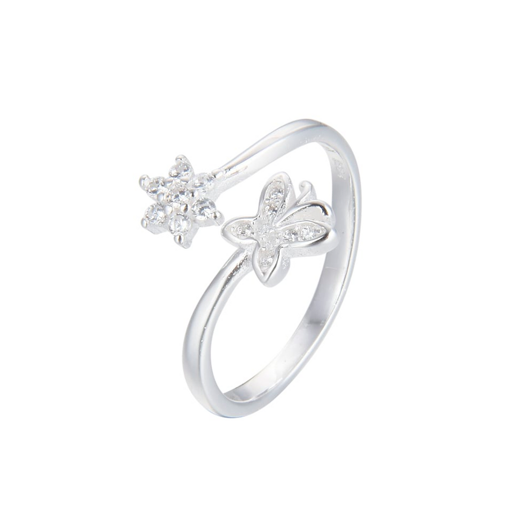 Anillo de flor y mariposa ajustable