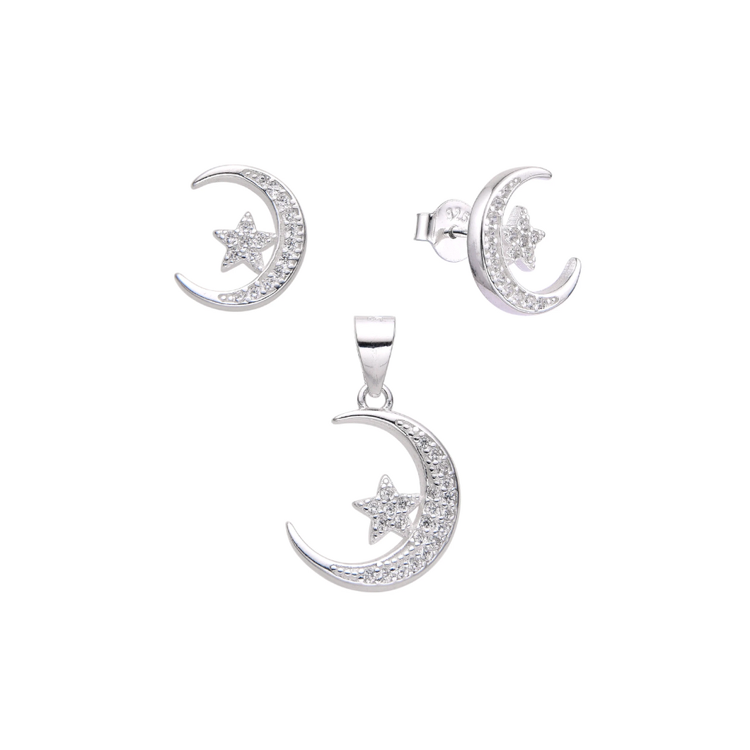 Conjunto de aretes y dije de luna y estrella