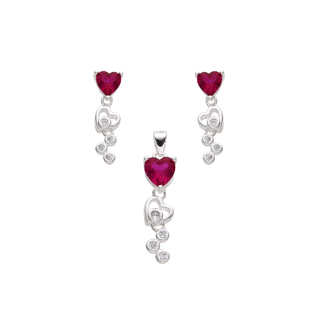 Juego de Aretes y Dije en Plata Ley 0925 con Corazones Rojos