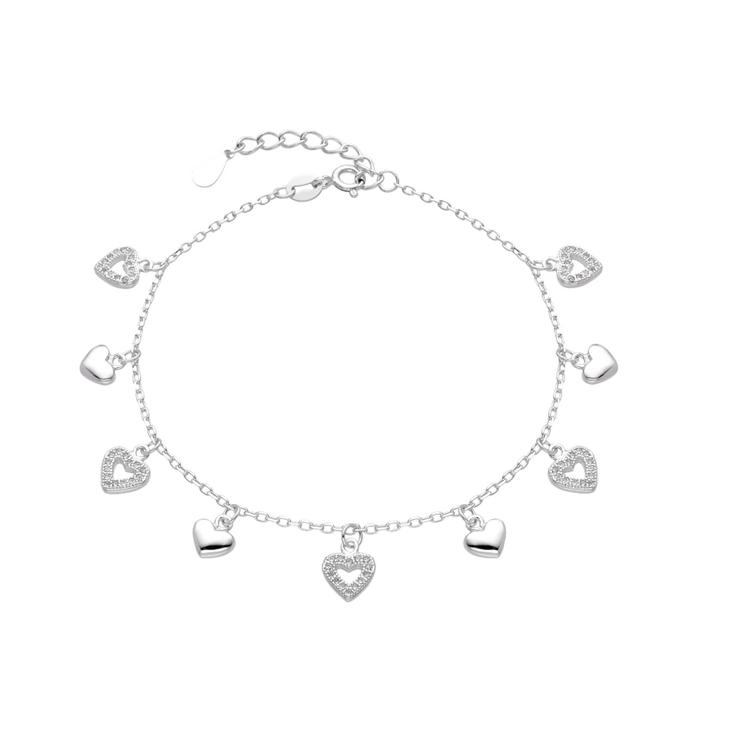 Pulsera de Plata Ley 0925 con Corazones Brillantes y Pulidos