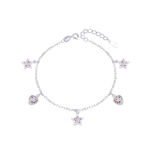 Pulsera de Plata Ley 925 con Dijes de Estrellas y Corazones con Piedras de Colores