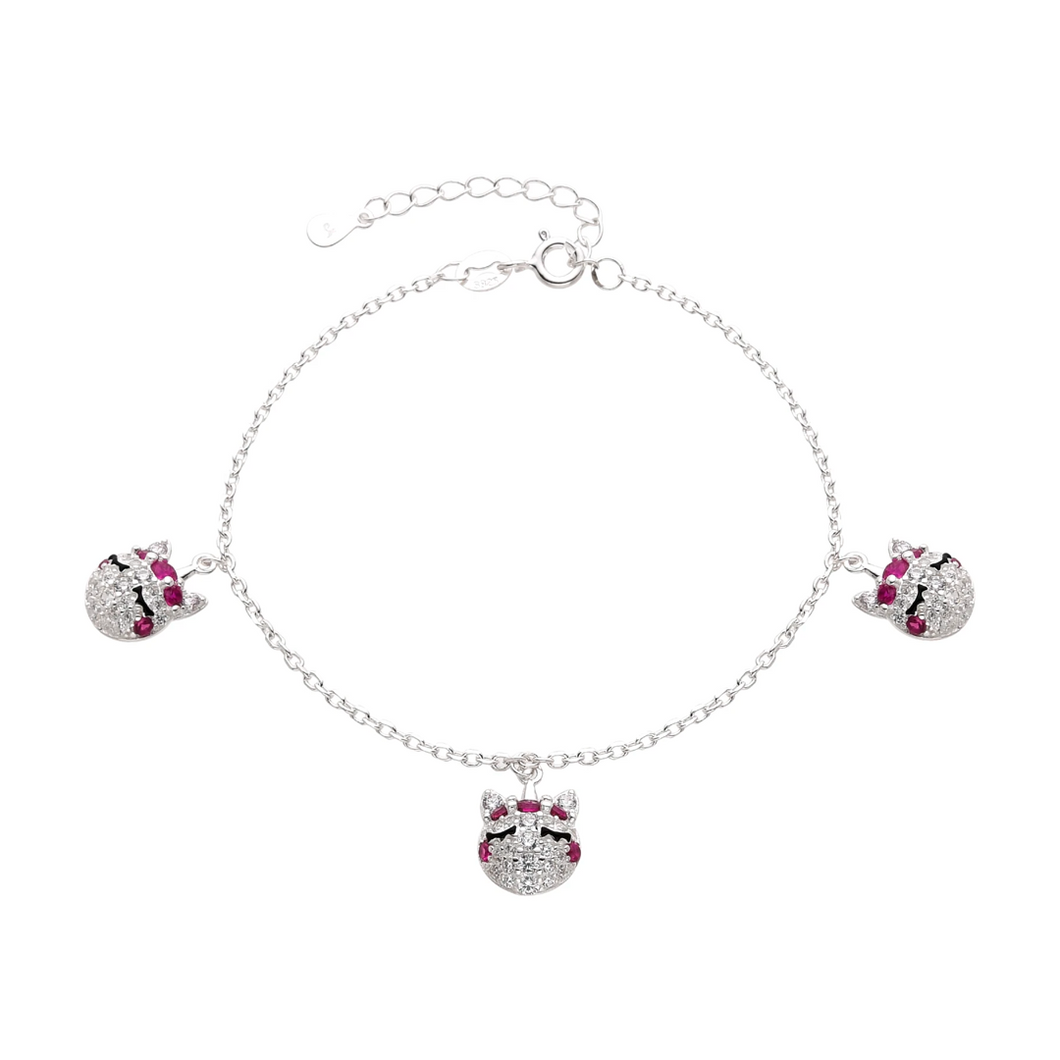 Pulsera de Gatos en Plata 925 con Piedras Rosas