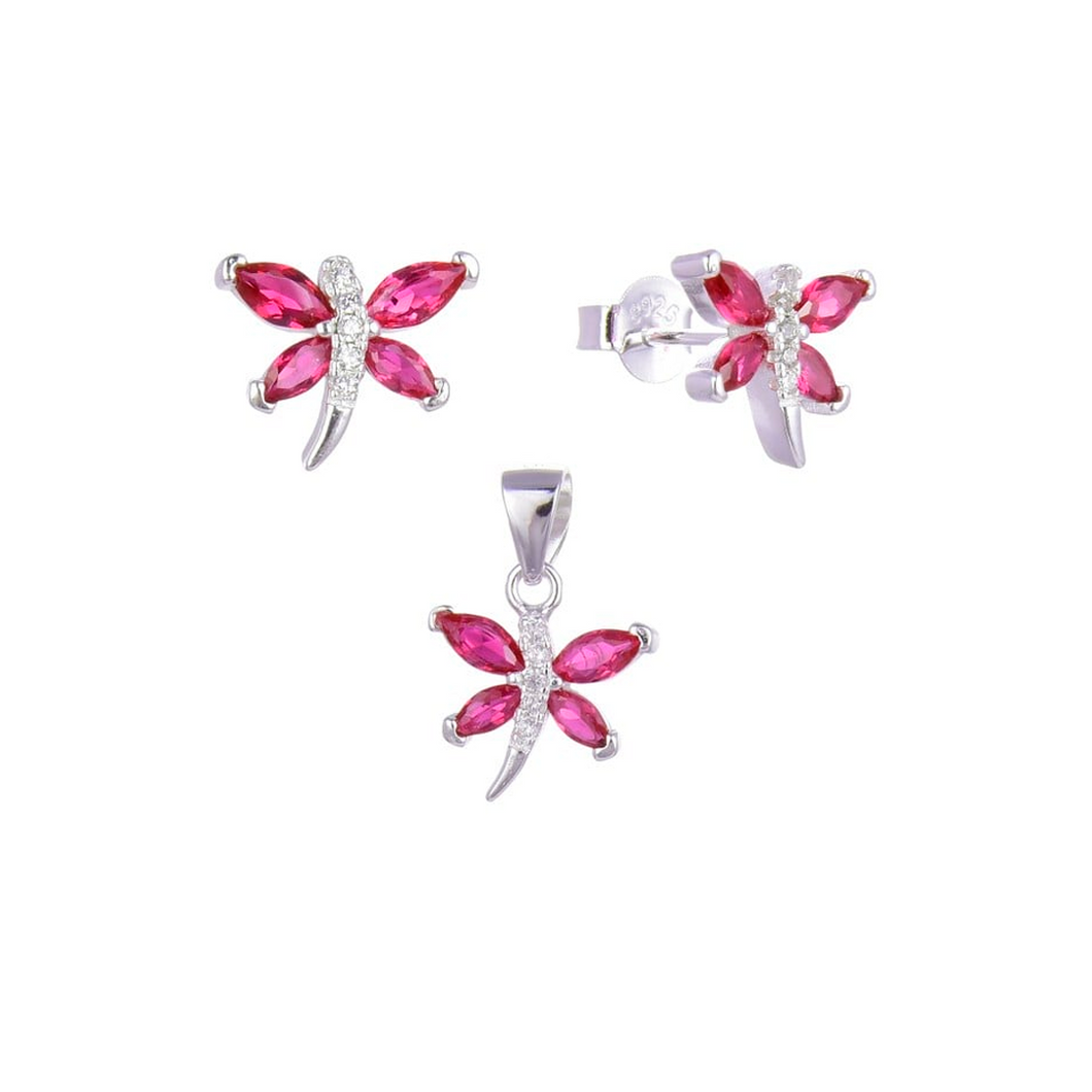 Juego de Aretes y Dije en Plata Ley 925 con Mariposa y Piedras Rosas