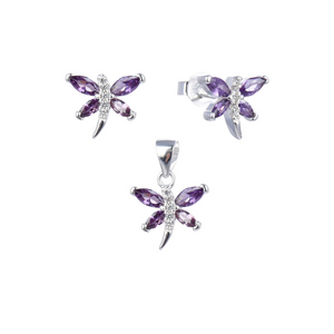 Juego de Aretes y Dije en Plata Ley 925 con Mariposa y Piedras Moradas