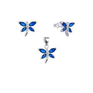 Juego de Aretes y Dije en Plata Ley 925 con Mariposa y Piedras Azules