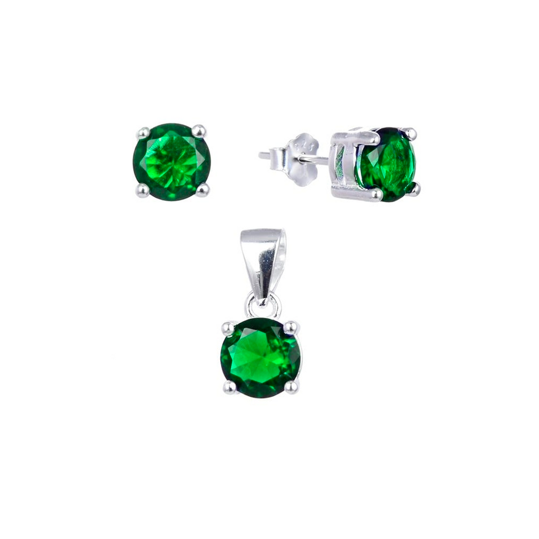 Juego de Aretes y Dije en Plata Ley 0925 con Circones Verdes