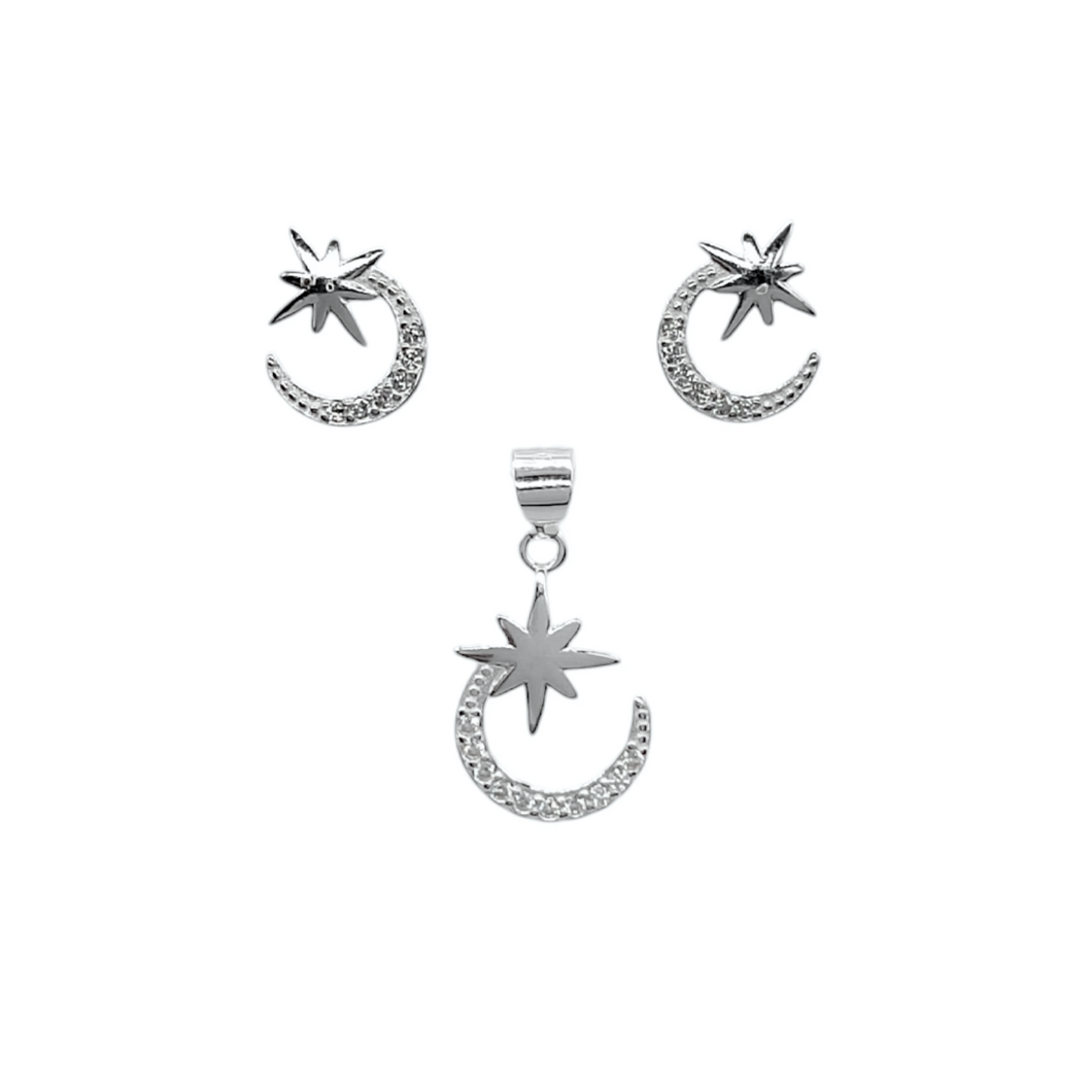 Conjunto de Plata con Diseño de Luna y Estrellas Brillantes