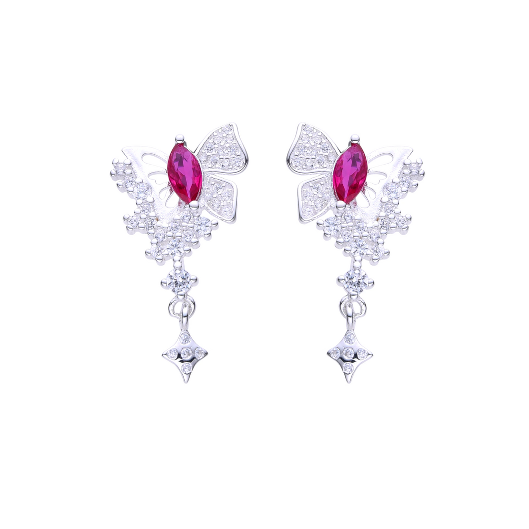 Pendientes de Mariposa en Plata Ley 925 con Piedra Rosa