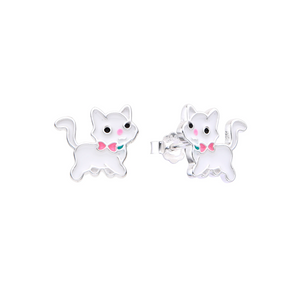 Pendientes de Gato en Plata Ley 925 con Moño Rosa