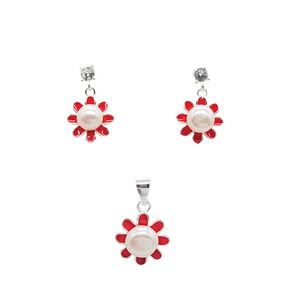 Juego de Joyería en Plata Ley 0925 con Diseño Floral Rojo y Perla